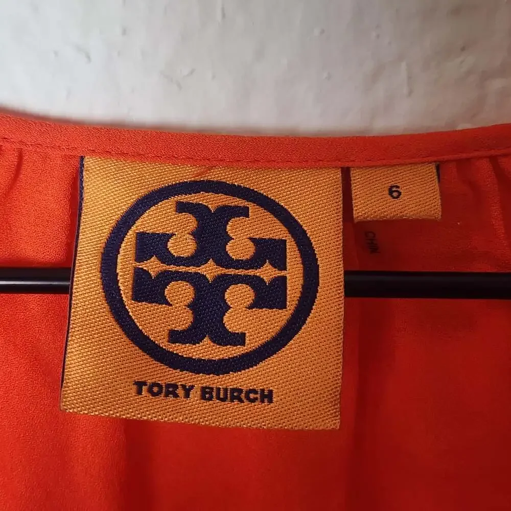 Tory Burch Blouse Womens 6 Orange Silk Long Sleeve Scoop Neck Top Pullover
